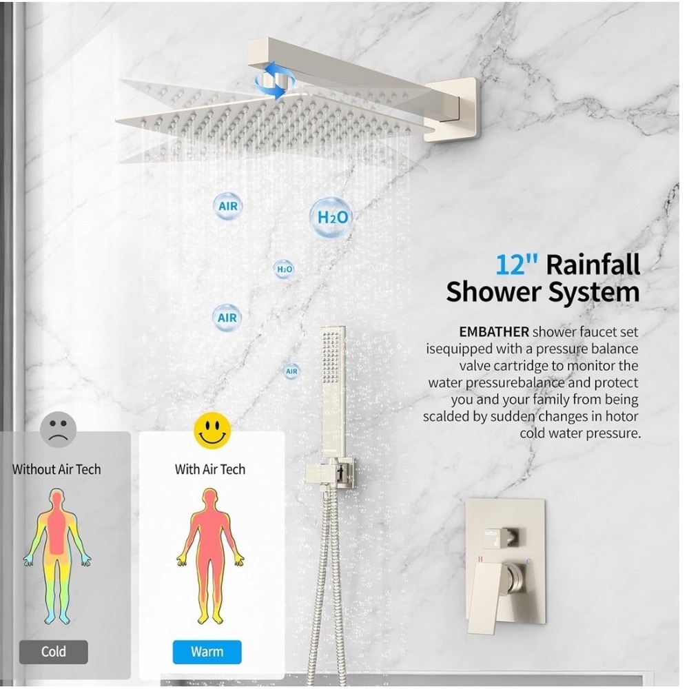 EMBATHER 12" Ceiling Rain Shower System Brushed Nickel EM19BNC12 NEW Open Box